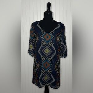 BeBop Geometric Short Dress Womens Size Small 3/4 Sleeve Boho Blue